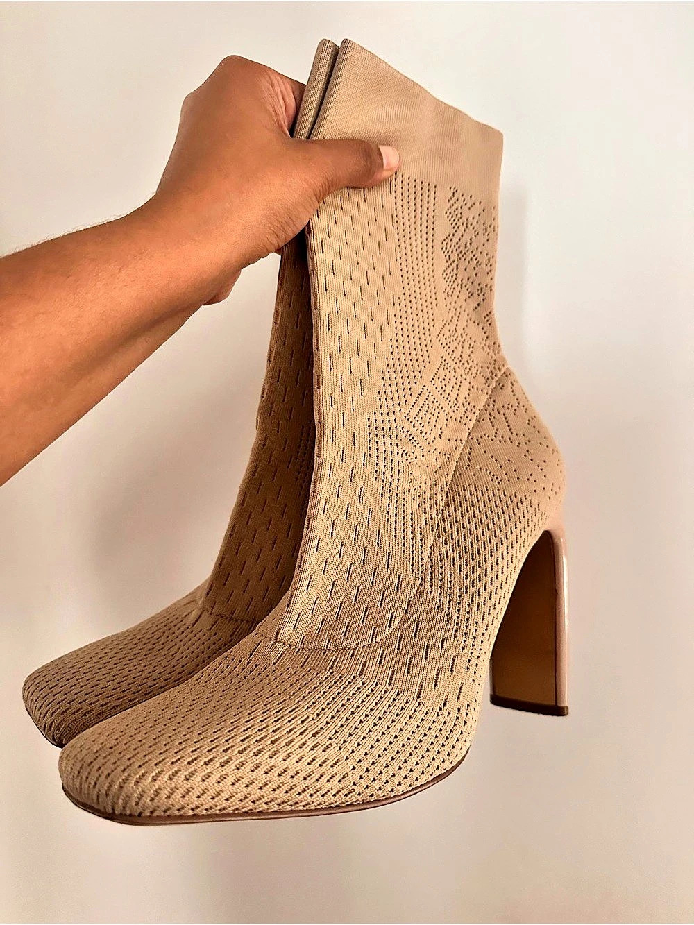 Beige Knit Heeled Boots